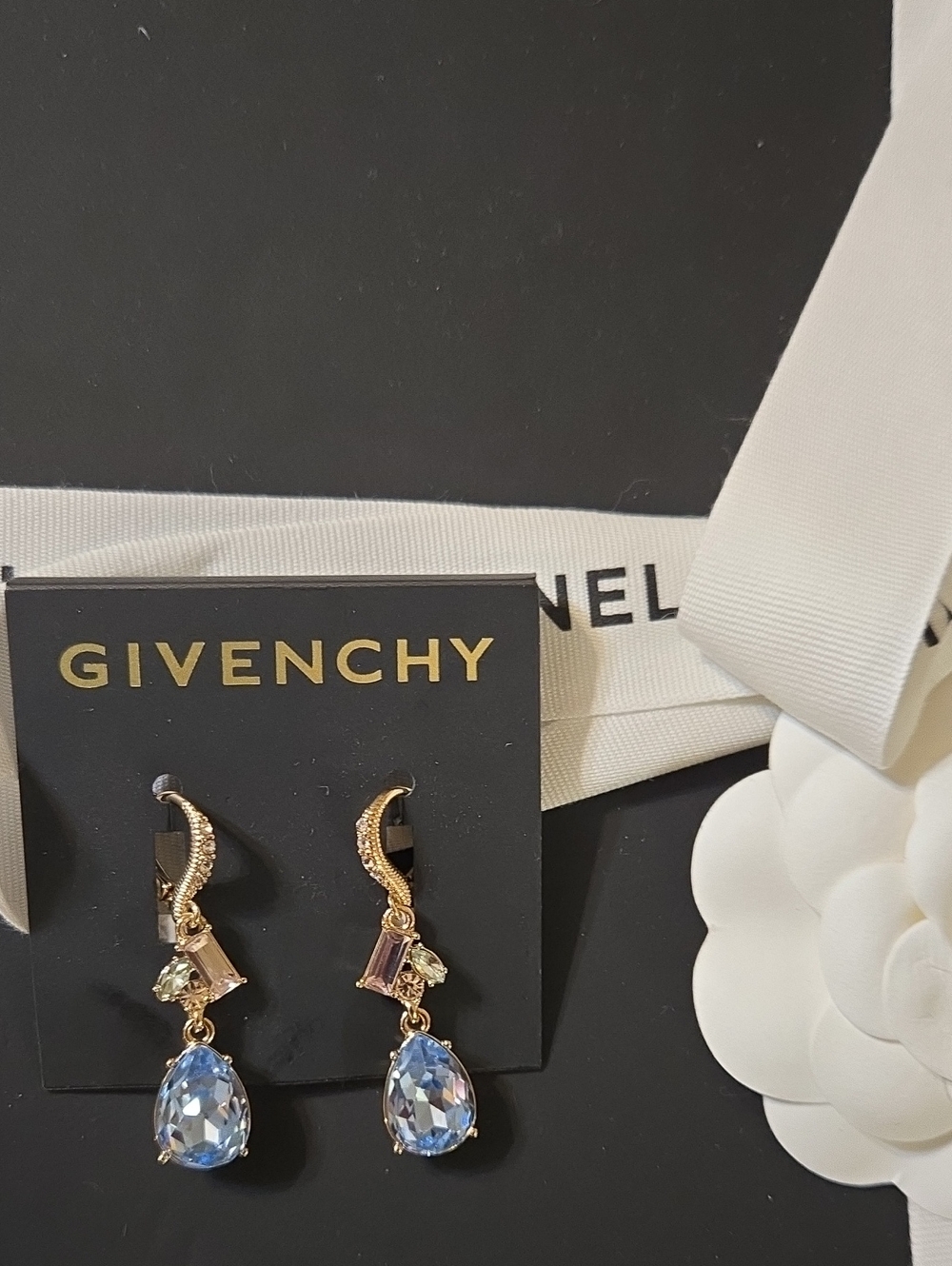 Givenchy Gold-Tone Earrings with Light Blue Teardrop Crystals